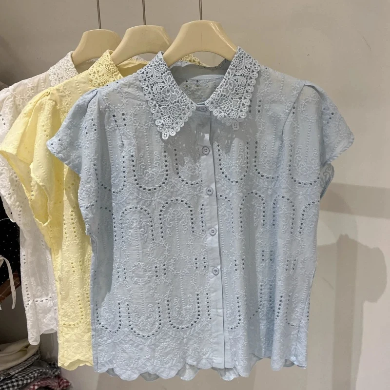 Summer Hollow Out Embroidery Polo Neck Elegant Blouse Women Clothing Short Sleeve Solid Lace Fashion Shirt Tops Korean Office