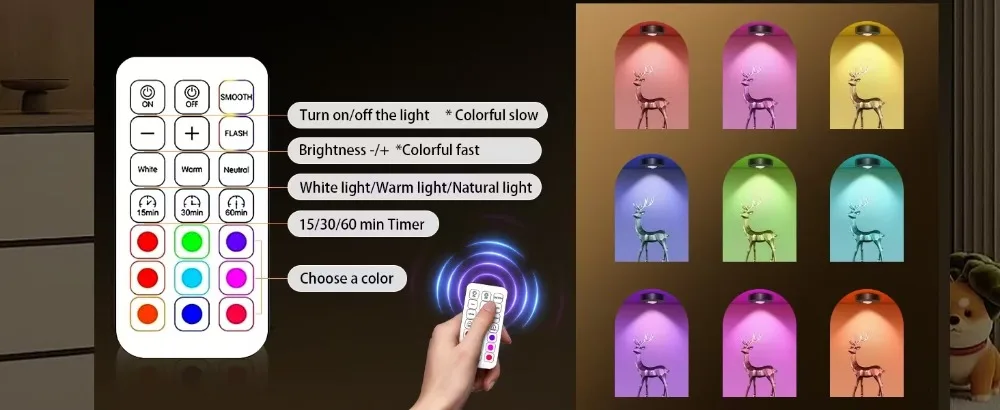 RGB 12 Color Night Light Wireless Remote Control Type-c Rechargeable Light Powered Cabinet Light for Kitchen Wardrobe Bedroom