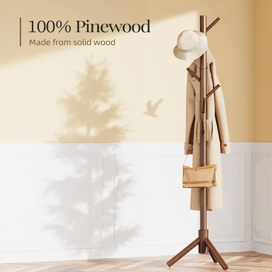 Sturdy Wooden Coat Tree with 8 Hooks and 3 Adjustable Height Settings Ideal for Organizing Clothes Hats and Accessories in Bedr