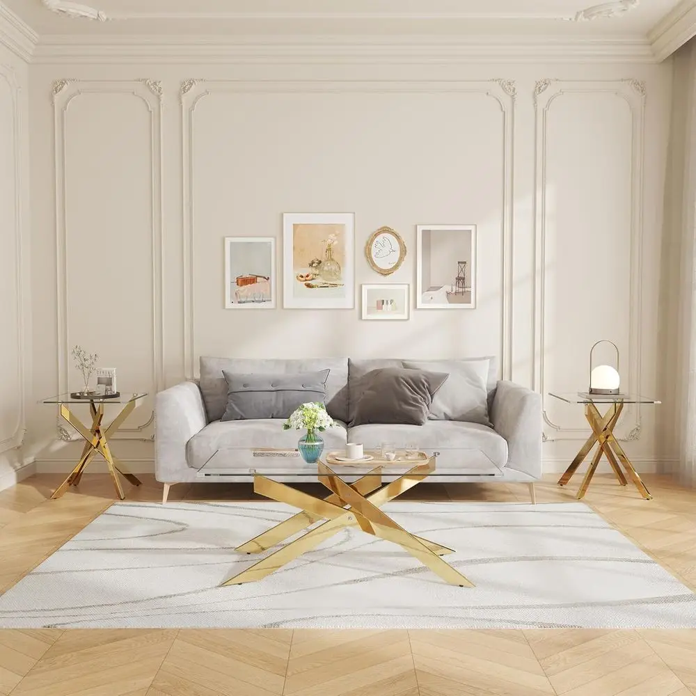 

3-Piece Living Room Table Set: 1 Glass Coffee Table with 2 Square End Tables, Tempered Glass Top and Gold Legs