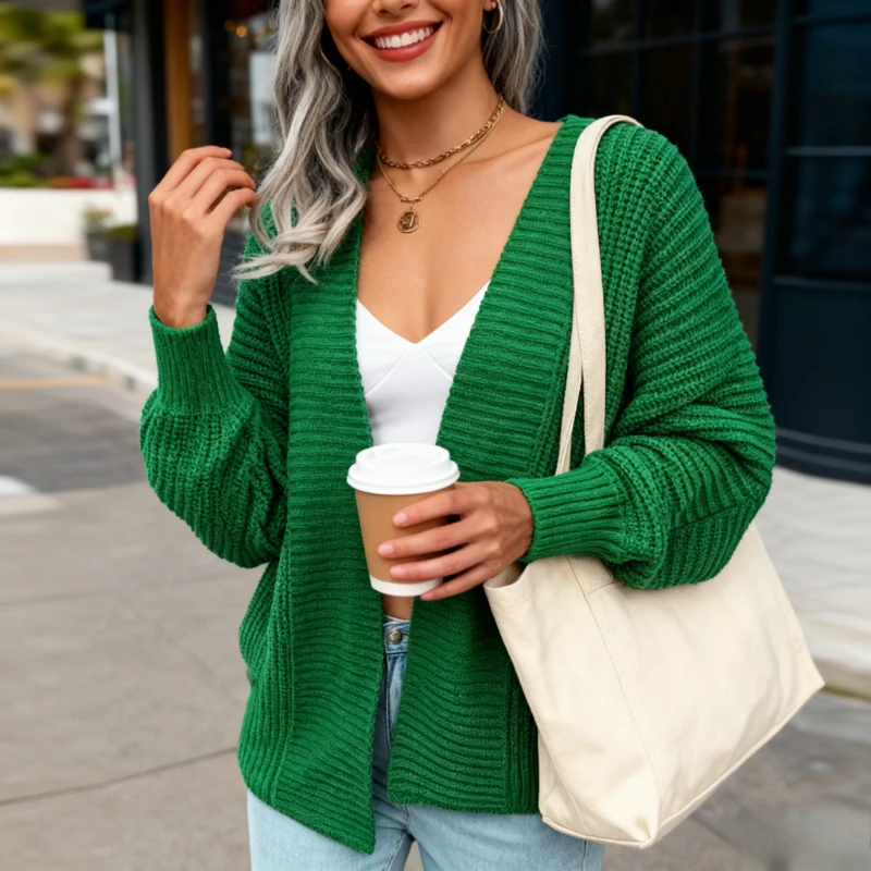 سترة نسائية خريفية أنيقة جديدة بأكمام طويلة مفتوحة من الأمام، ملابس خارجية متماسكة برقبة على شكل حرف V، كاجوال كبيرة الحجم، ملابس يومية ملابس الشارع