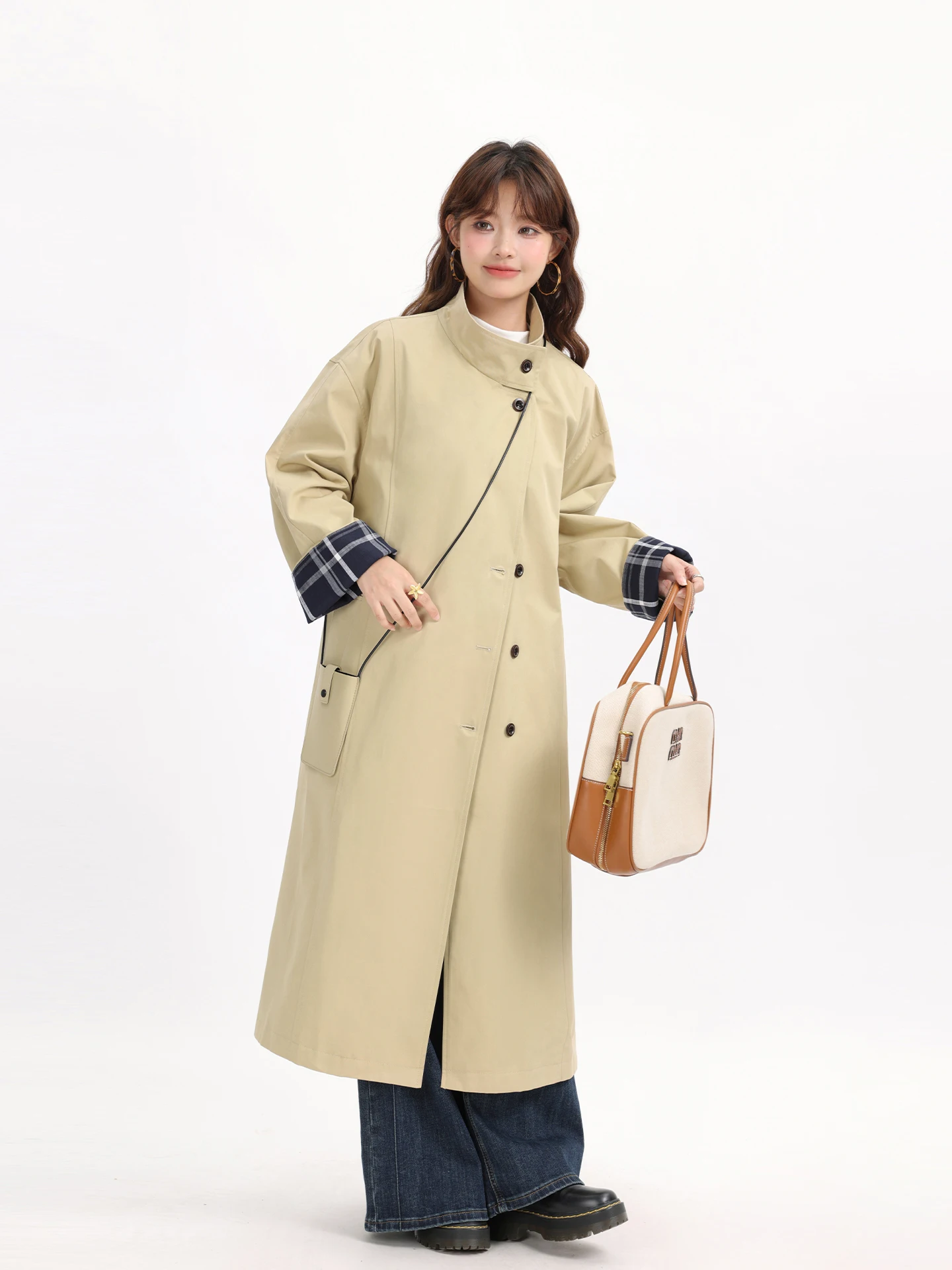 Retro British Style Long Coat Casual Plaid Color Block Stand Collar Windbreaker Outerwear for Women Spring Autumn Winter