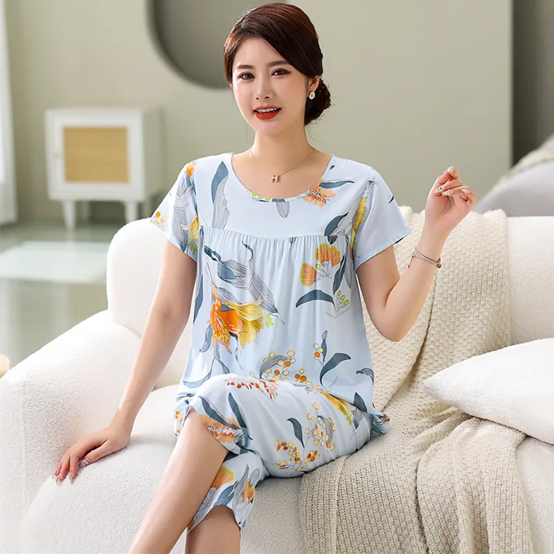 Printed Cotton Rayon Pajamas Women\'s Pijamas Summer Thin Two-Piece Set Middle-Aged Mother Short Sleeved Home Clothing XL-4XL