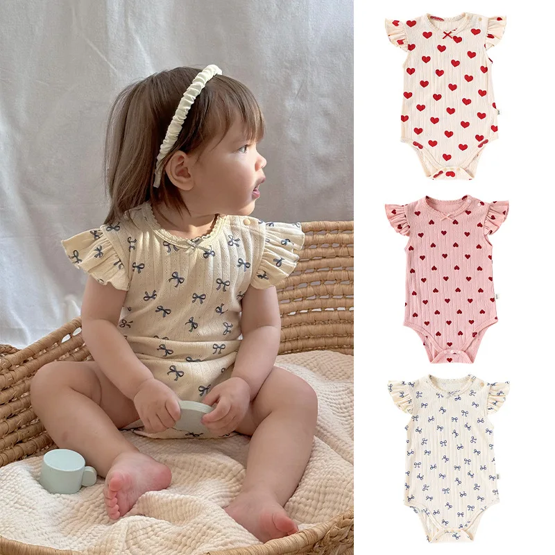 2026 Summer Pure Cotton Baby Bodysuit Round Neck Lace Sleeve Romper Soft Breathable Crawler Outfit For Baby Boys Girls