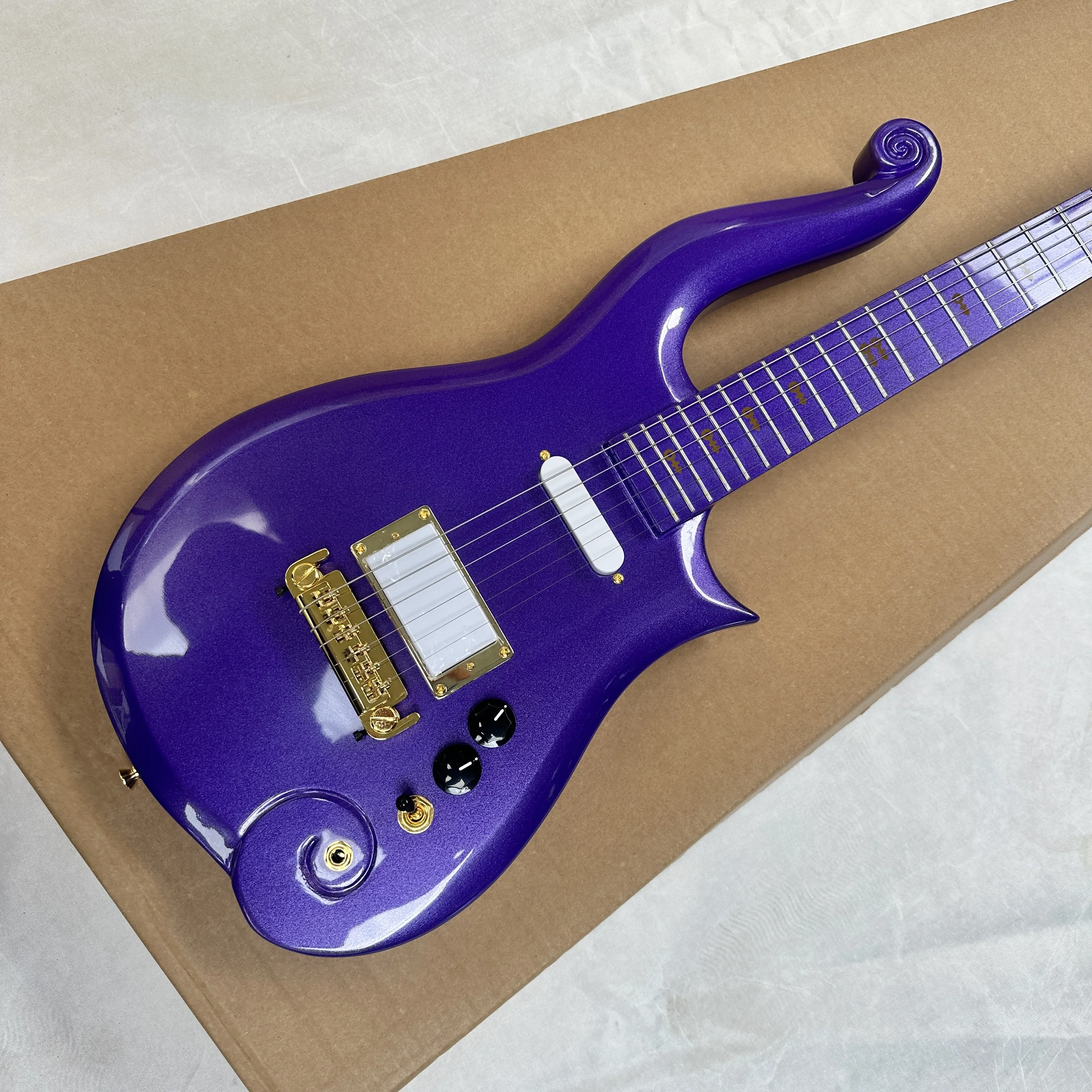 Unique Scroll‑Shaped Solid Body Electric Guitar, Metallic Purple Sparkle Finish, Gold Hardware, Humbucker & Single Coil Pickups