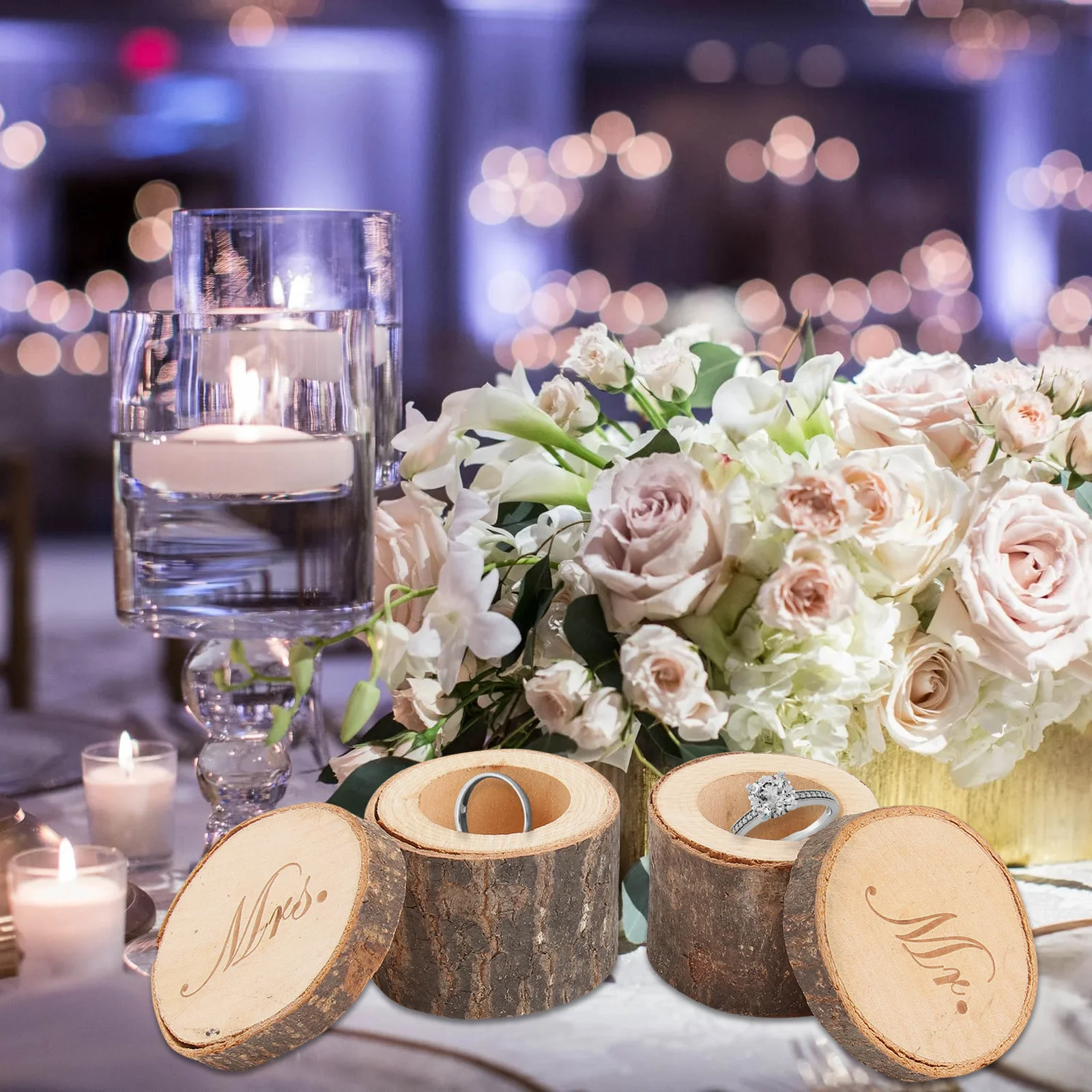 2Pcs Wooden Wedding Ring Box Rustic Vintage Chic Mr Mrs Printed Ring Pillow Bearer for Wedding Ceremony