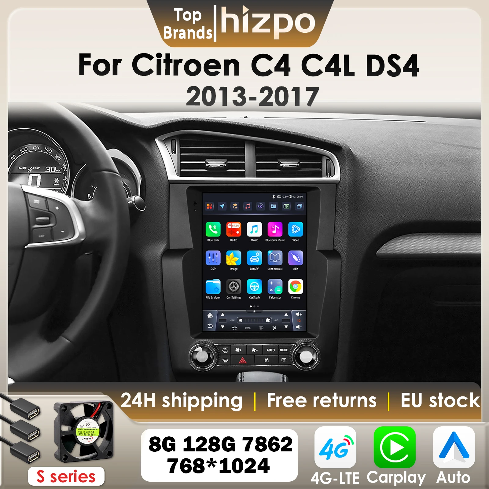 Hizpo 9,7" Carplay Android Autoradio für Citroen C4 C4L DS4 2013-2017 mit Tesla Style Multimedia Vertikaler Bildschirm GPS 4G BT 7862