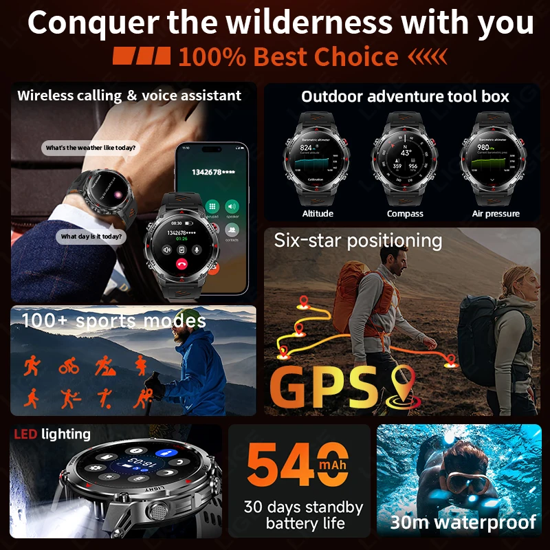 Militär Outdoor Smart Uhr Männer Sport GPS Uhren LED Taschenlampe 540 mAh Batterie Wasserdicht Kompass Bluetooth Anruf Smartwatches