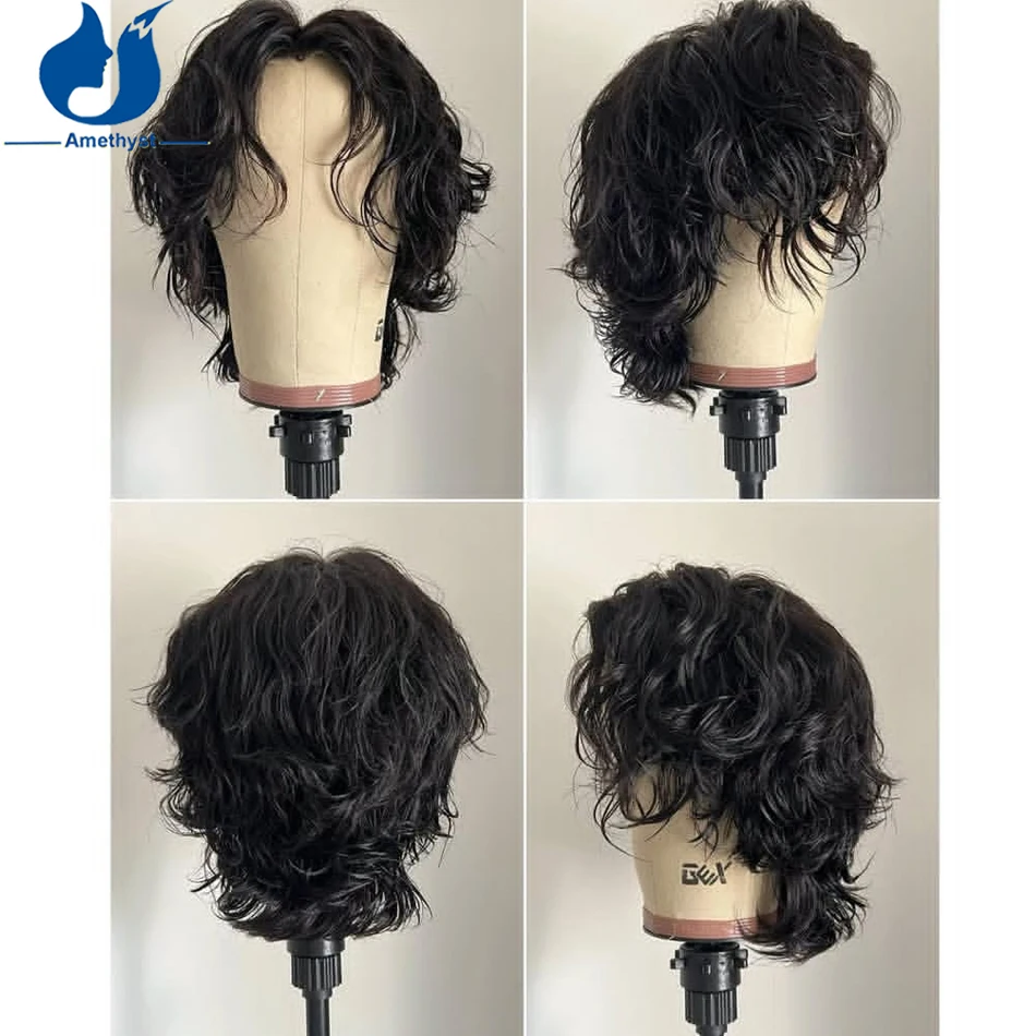 

Аметист Натуральный Волнистый Мужской Парик Человеческих Волос Короткий Боб Волк Стрижка 13x6 Парик Фронта Шнурка Бразильские Волосы Реми Предварительно Сорванные для Мужчин