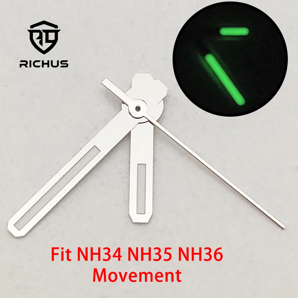 RICHUS Green Luminous Watch Hands Silver Fit for NH34 NH35 NH36 Movement Watch Accessories