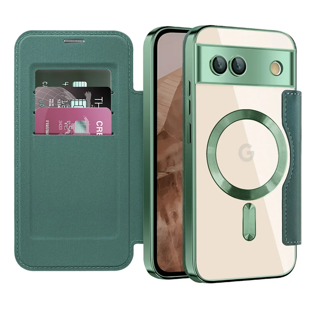Luxury Leather Wallet Card Clip Magnetic Clear Phone Case for Google Pixel 9 Pro XL 8A 7A Plating Wireless Charging Flip Cover