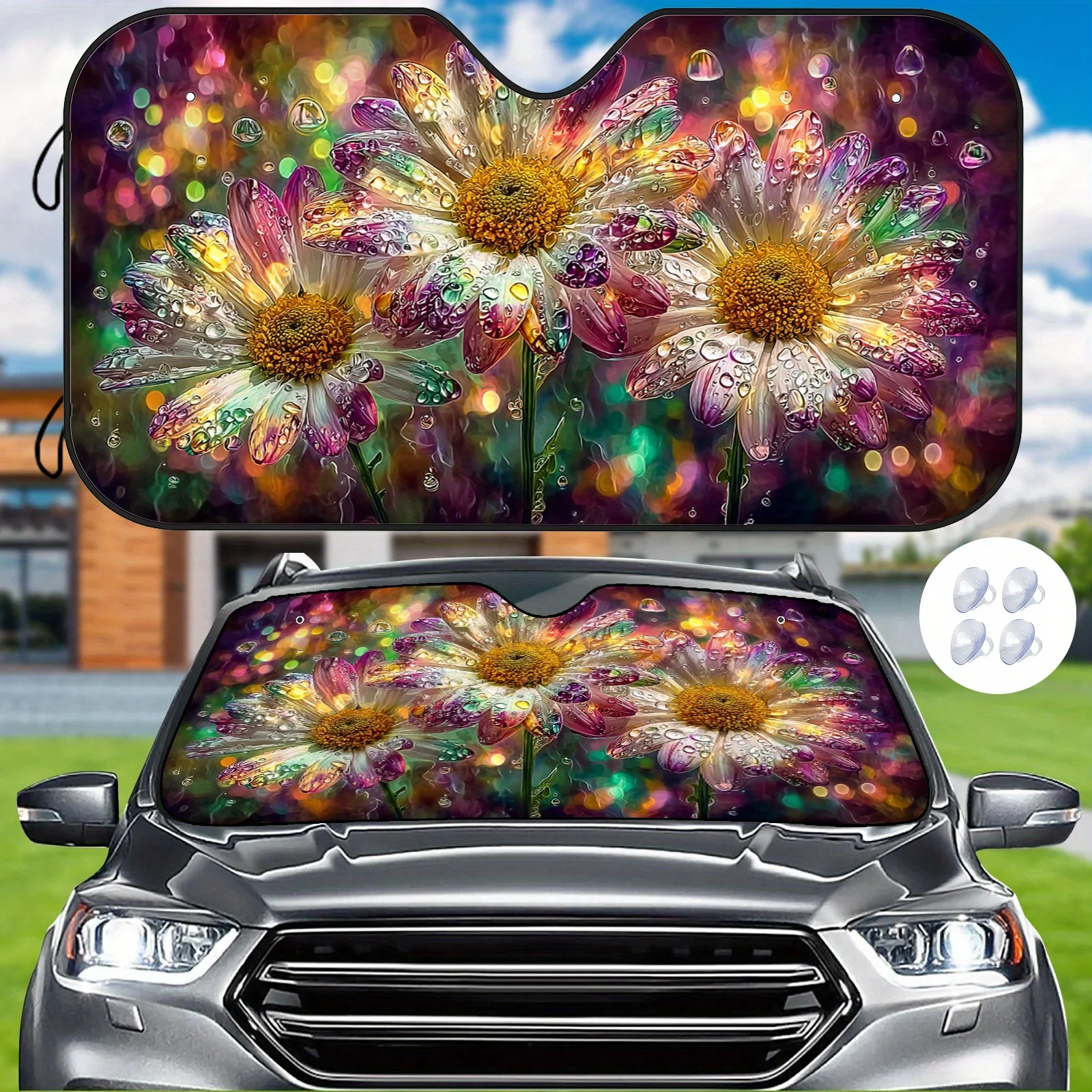 Colorful Daisy Car Sunshade, Dreamy Water Drop Daisy Pattern, Heat Insulation And Sun Protection, Maintains Interior Temperature