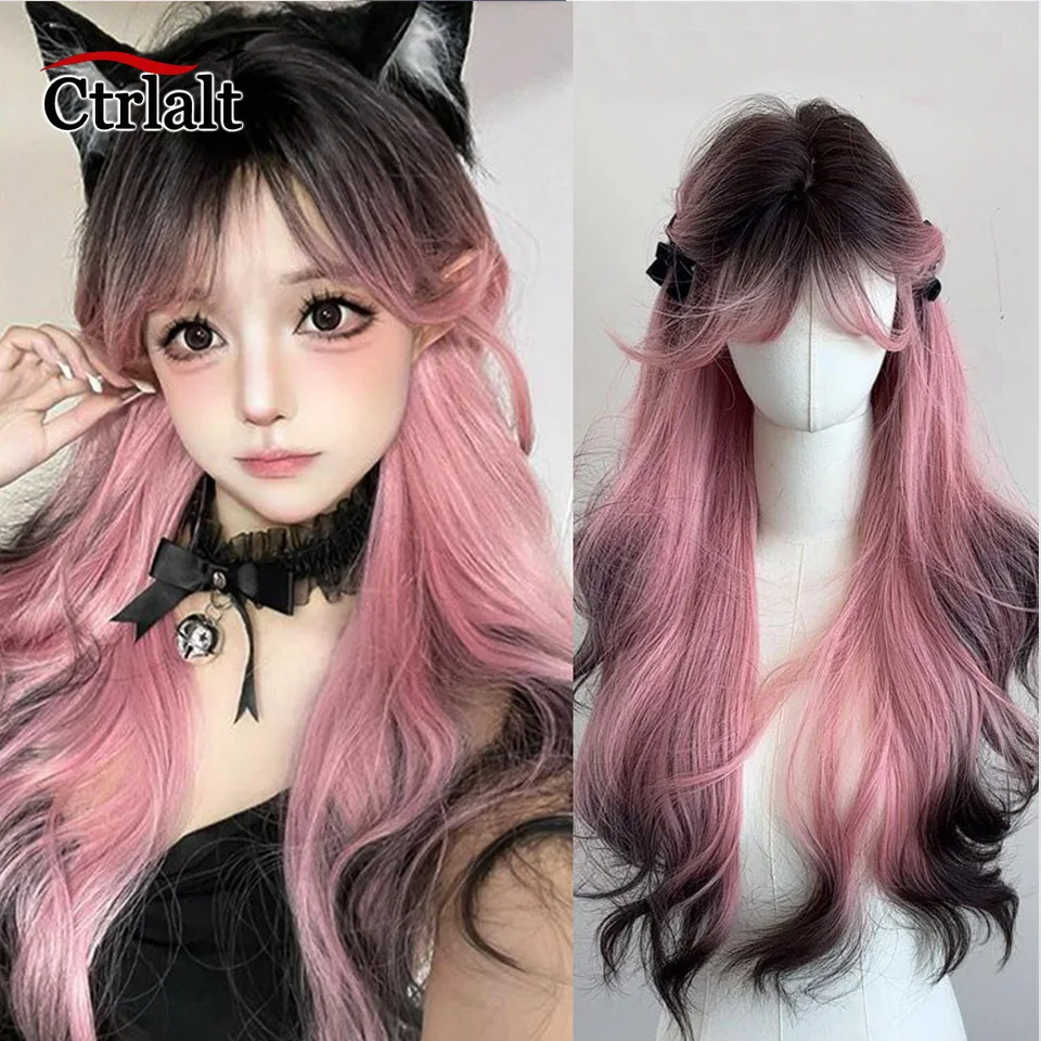 

Long Ombre Pink Wavy Synthetic Wigs with Bangs Cosplay Lolita Party Hair Wigs for Women Natural Wig Daily Use Halloween Wig