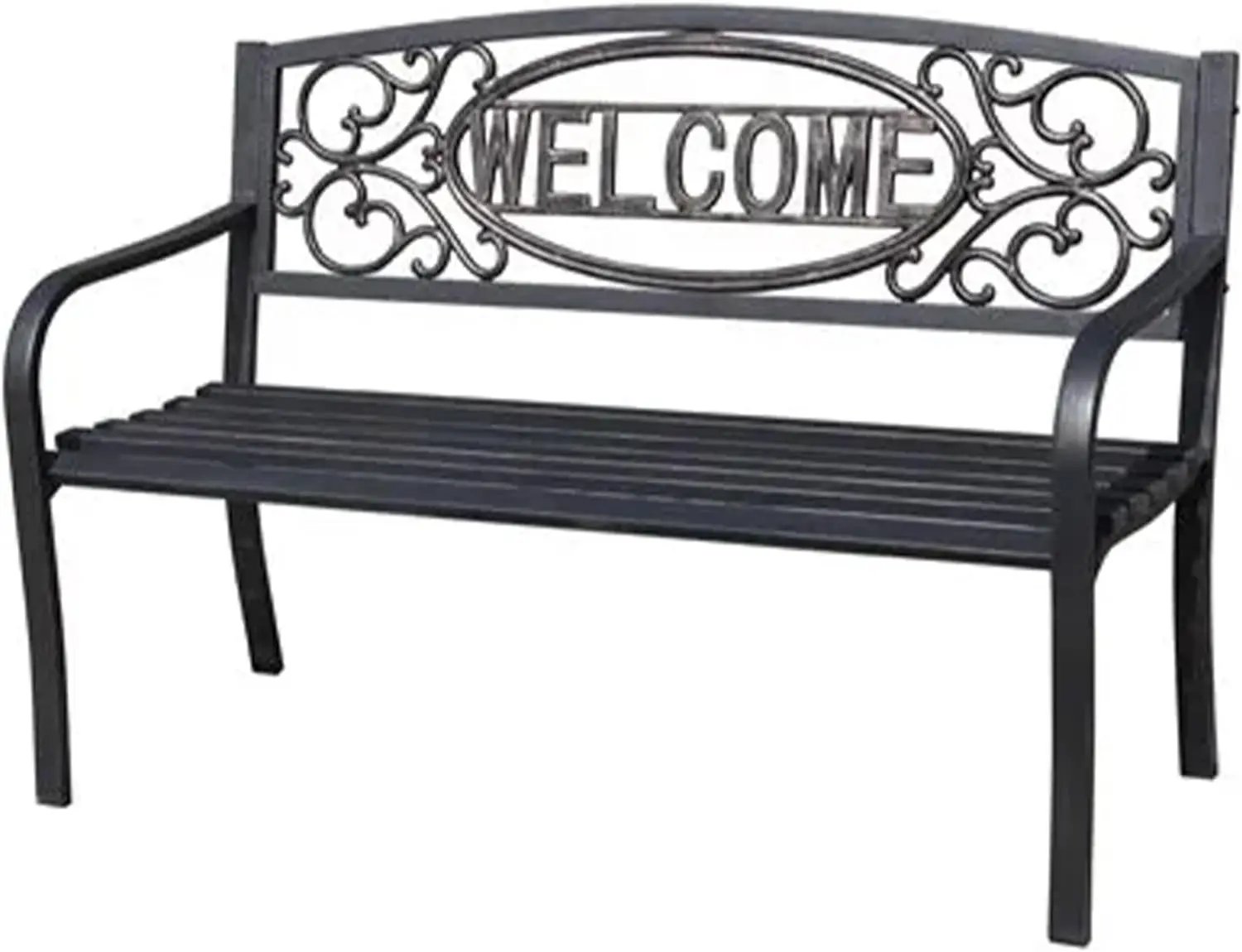 

Welcome Outdoor Park Bench Powder Coated Steel Frame Furniture Seat for Backyard Garden, Front Porch, or Walking Path, Black