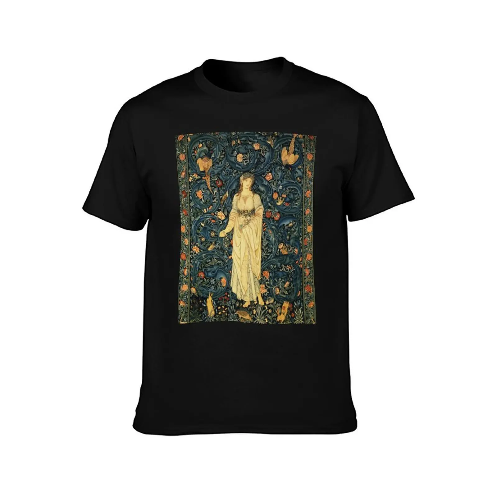 LADY FLORA GREENERY FOREST ANIMALS ,PHEASANT BIRDS ,RABBITS Blue Green Floral Tapestry T-Shirt Summer Casual Cotton Tee