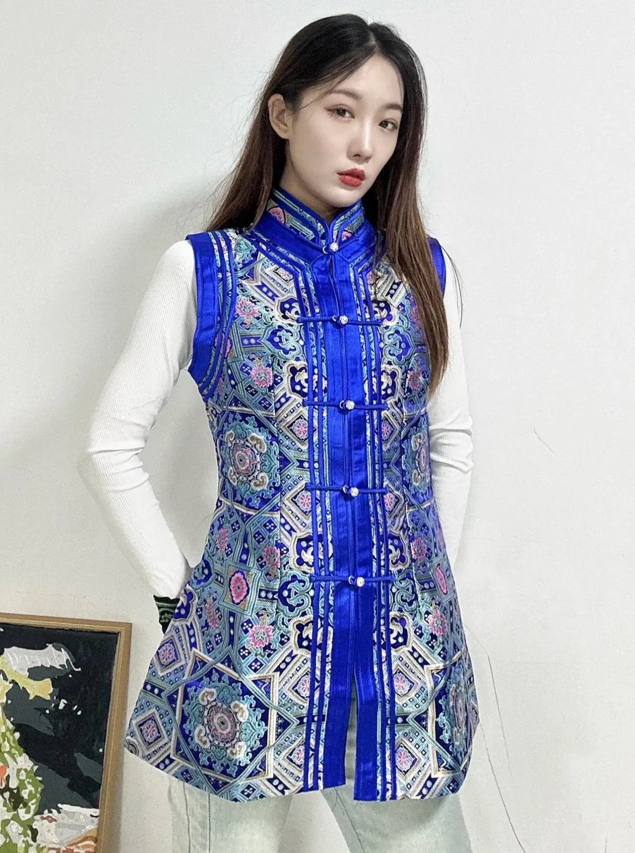 Handmade Mongolian Elements Waistcoat Vest Women's Mid-Length Casual Clothes Ethnic Style Single-Breasted Design