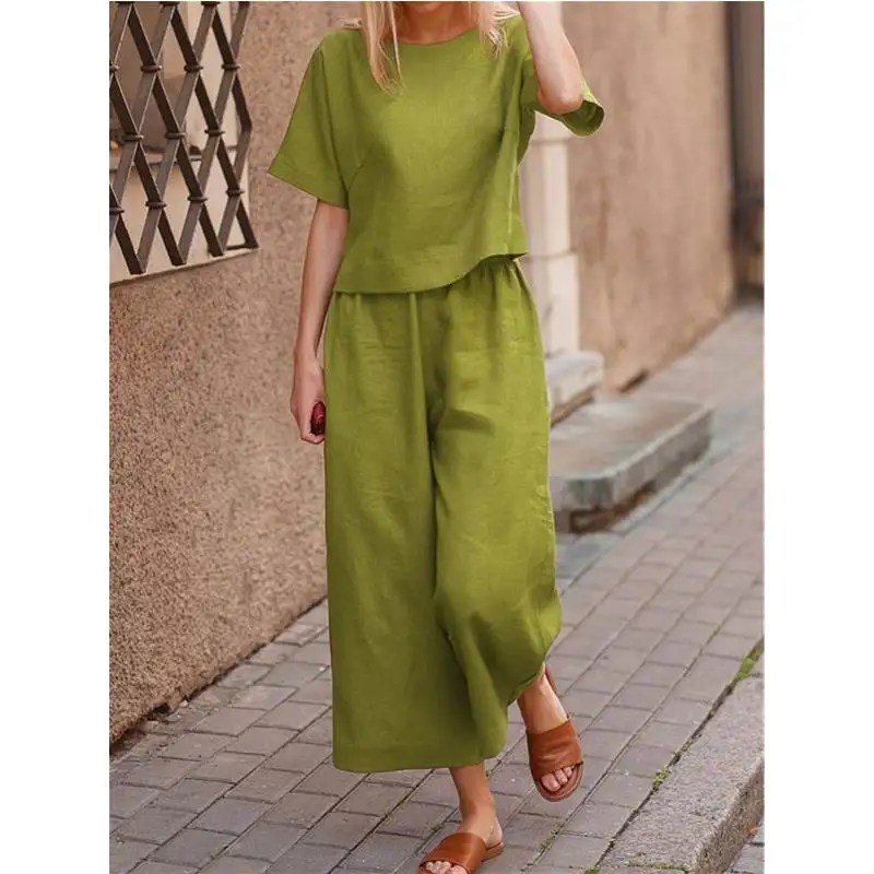 Set Celana T-irt 2 Potong Wanita Musim Gugur S5XL Pakaian Kasual Wanita Ansambel Modis Campuran Linen Nyaman Koleksi Musim Gugur 202...