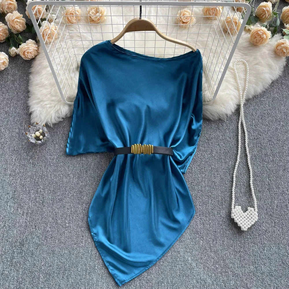 New Summer Fashion Woman Shirts Solid Color Satin Dress Blouses Female Midi Waist Belt Slim Simple Versatile Tops Mujer