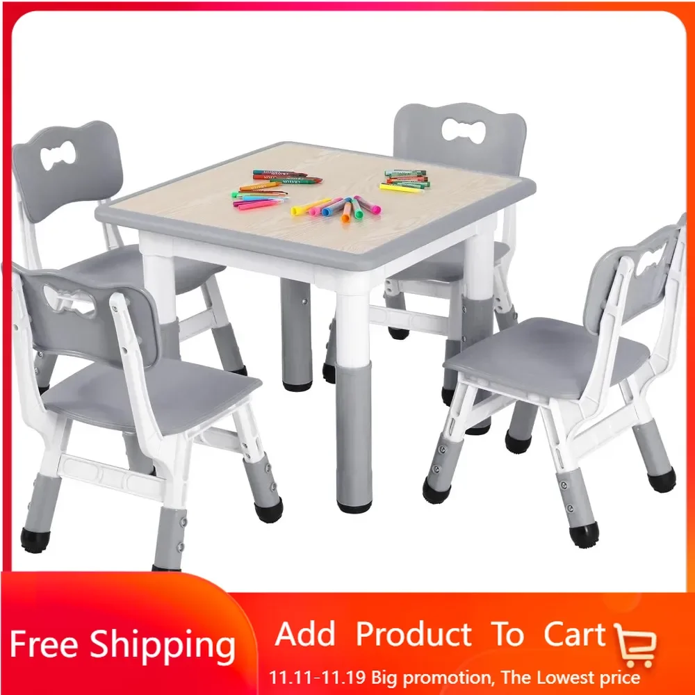 Kids Study Table and Chair Set, Height Adjustable Children Desk and 4 Chairs Set, Toddler Multi-Activity Table Set for Reading