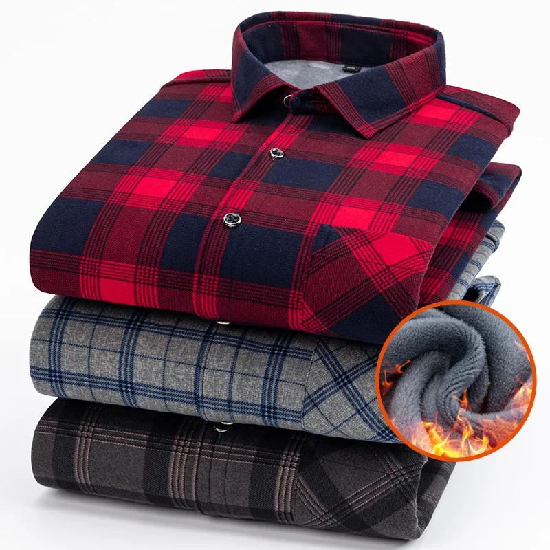 7XL8XLPlus-size Men's Double-sided Velvet Autumn and Winter Plaid Plaid Long-sleeved Shirt Winter Middle-aged and Elderly Shirt