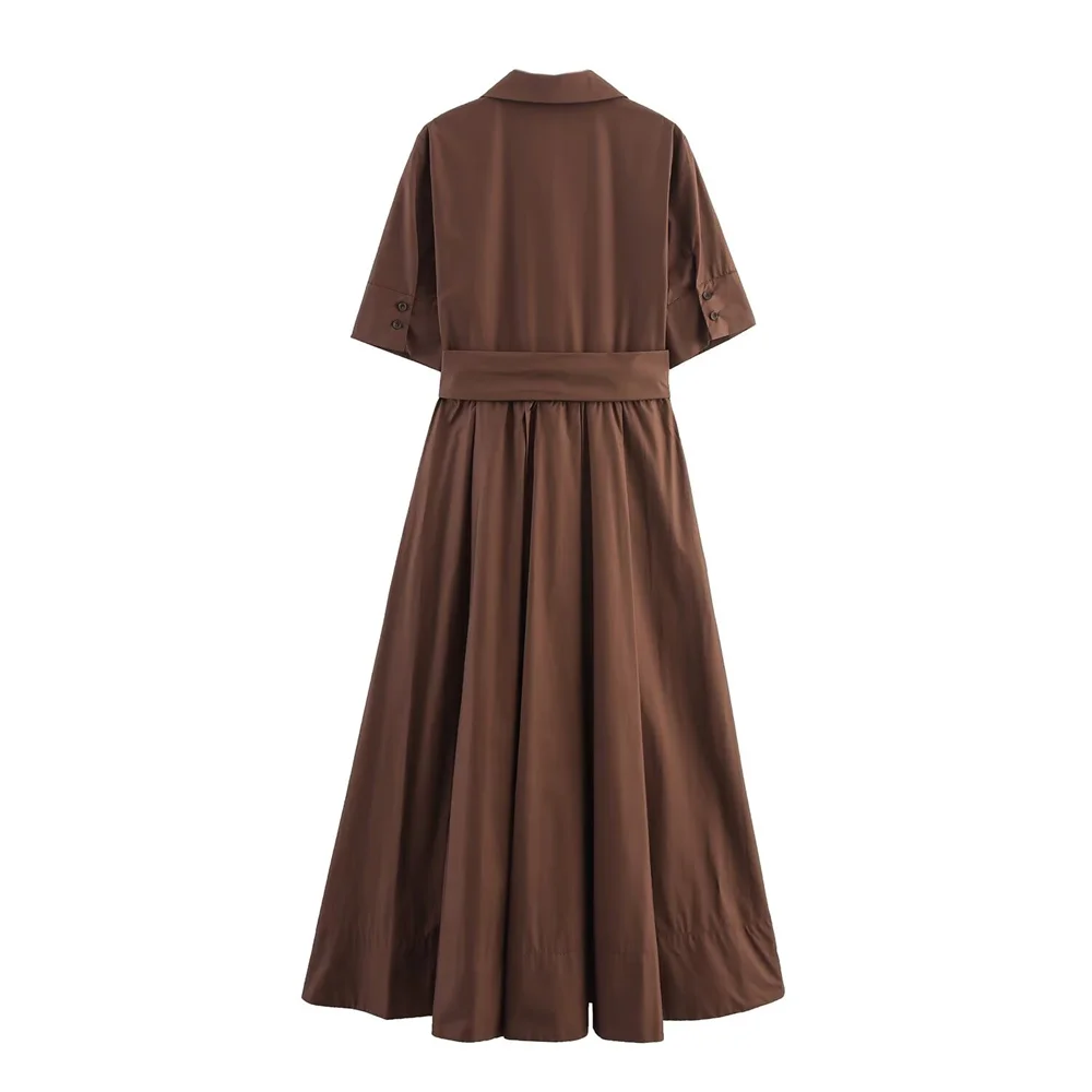 المرأة الخريف جديد التنقل نمط الوجه طوق قصيرة الأكمام حزام الخصر الديكور البوبلين قميص اللباس