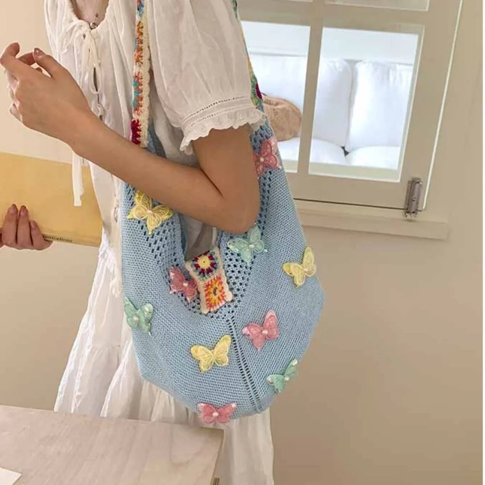 

Hollow Out Butterfly Knitting Bag Beach Handbag Bohemian Style Beach Bag Tote Bag Large Capacity Hollow Shoulder Bag Summer