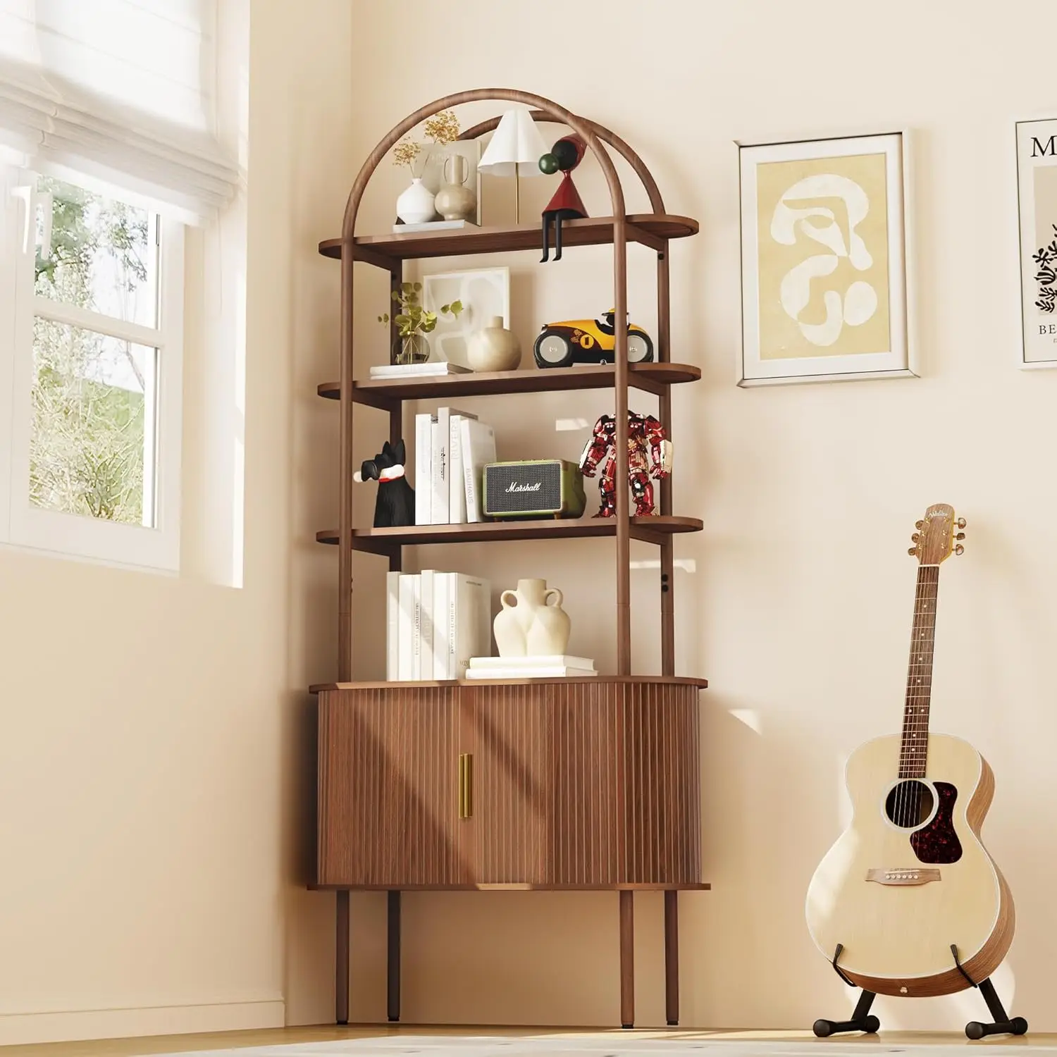 رف كتب مقوس مخدد بطول 71 بوصة مع أبواب الدف المنزلقة، خزانة كتب منحنية معدنية حديثة لمنتصف القرن (الجوز) #4