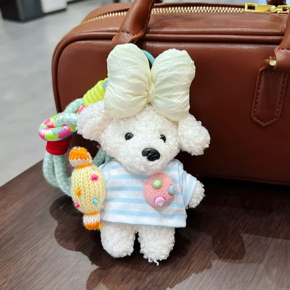 

New Cute Cartoon Cartoon Dopamine Dog Keychain Striped Top Stuffed Fluffy Puppy Pendant Bow Lovely Bag Charm Bag Pendant