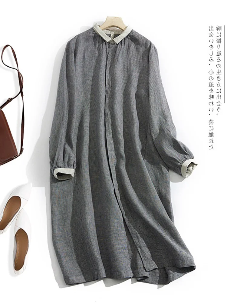 Lâche longue Sve Plaid lin Dr irt vêtements pour femmes japonais Sle jupe Midi décontracté trajet Sle col boutonné