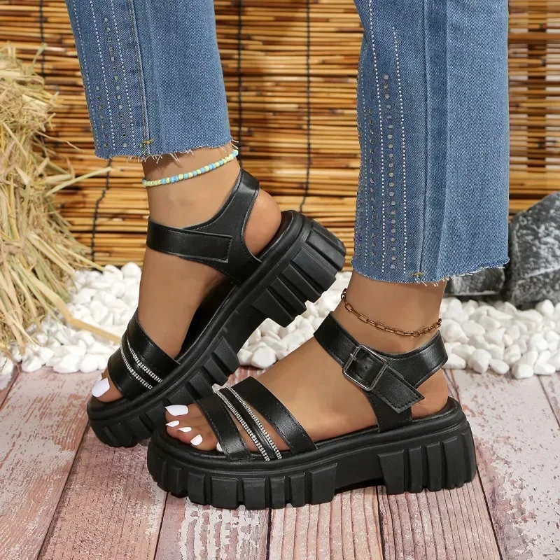 

2024 New Ladies Shoes Rome Women's Sandals Platform Casual Sandals Women Crystal Buckle Strap Square Heel Plus Size Shoes Women