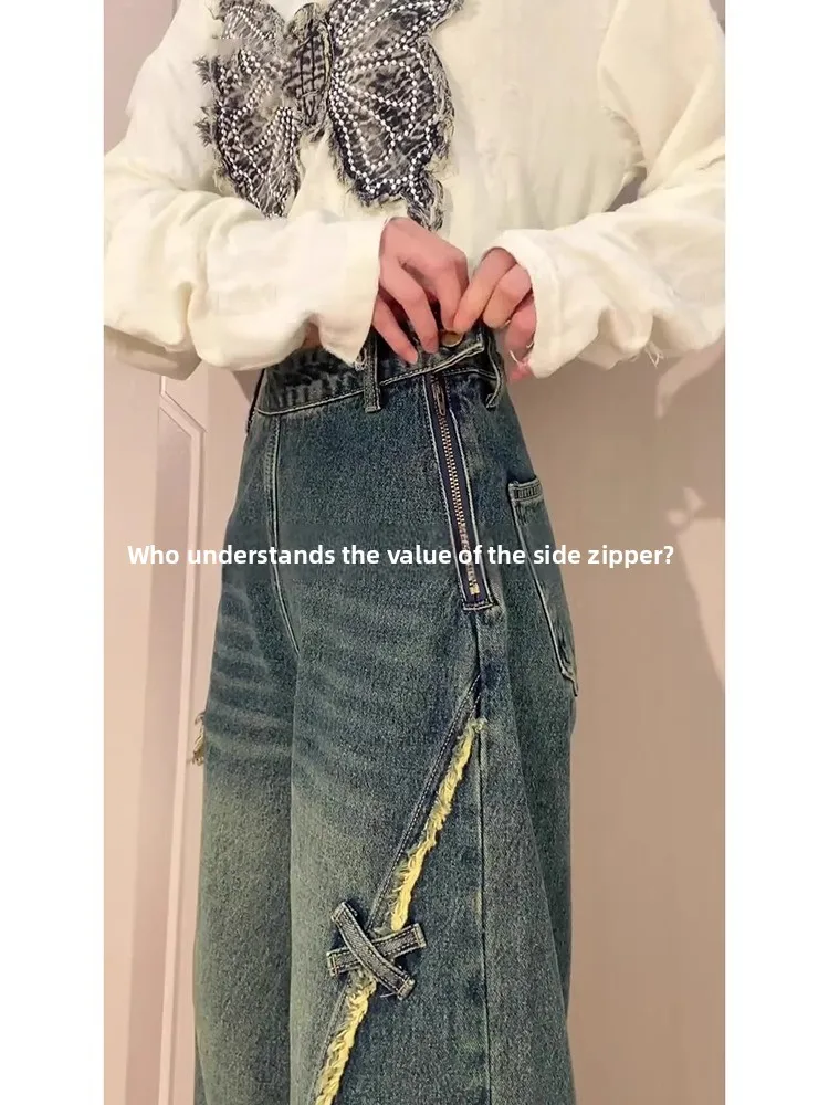 

Loose High Waist Straight Leg Denim Jeans Women's Spring Fashion Side Zipper Frayed Hem American Retro Wide Leg Trousers