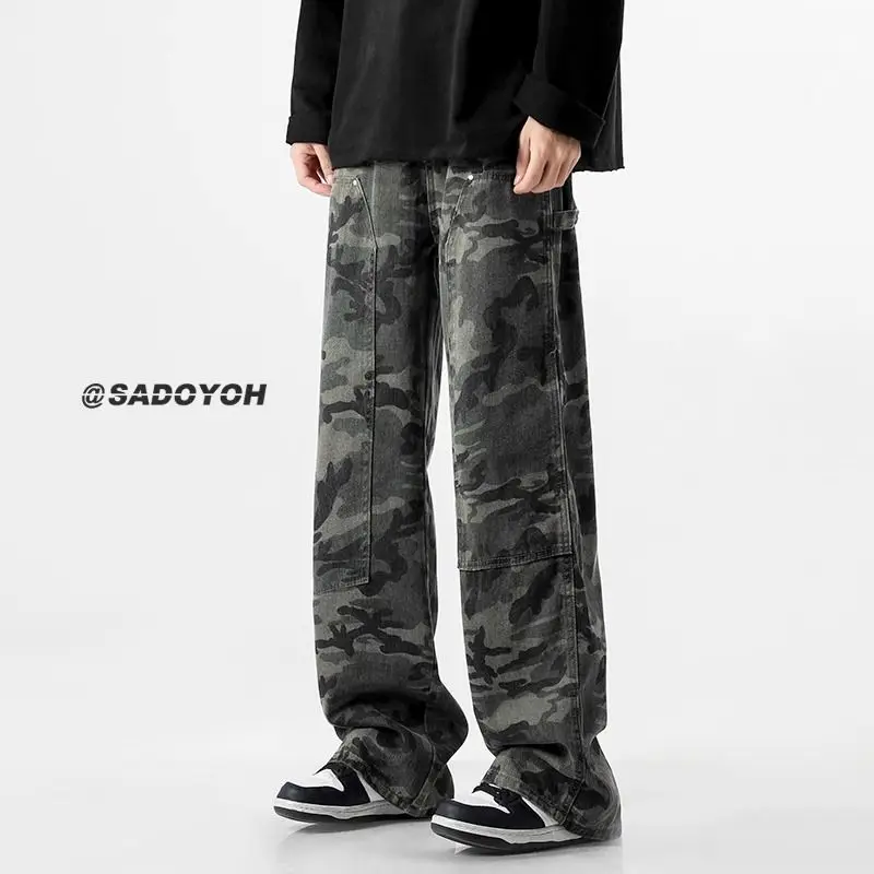 Camouflage Tooling Jeans Autumn New High Street Retro Loose Straight Wide Leg Baggy Trousers Cargo Pants Men Low Rise Jeans
