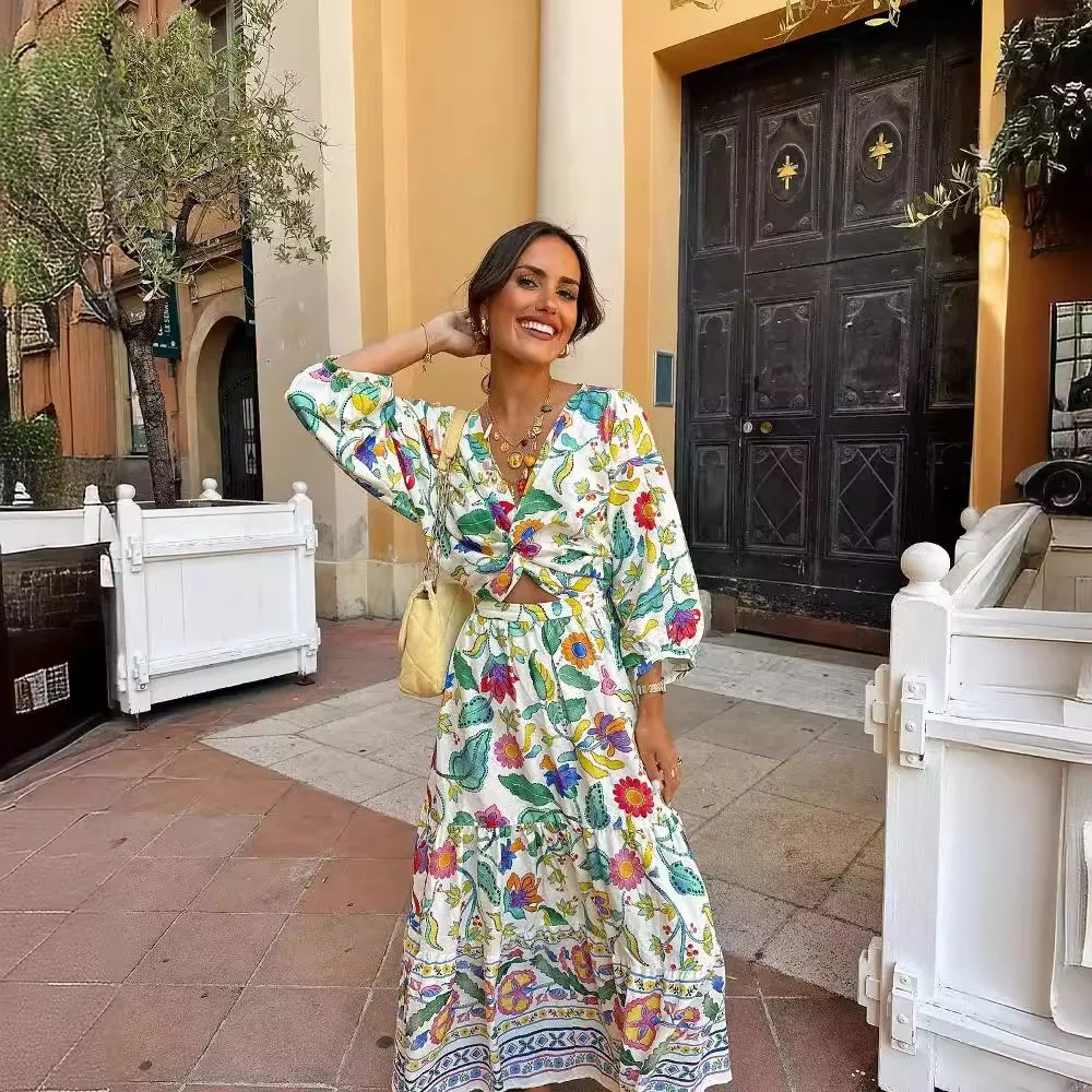 Abito europeo e americano con stampa maniche a lanterna Mini abito con taglio in vita alla moda Stile giovanile