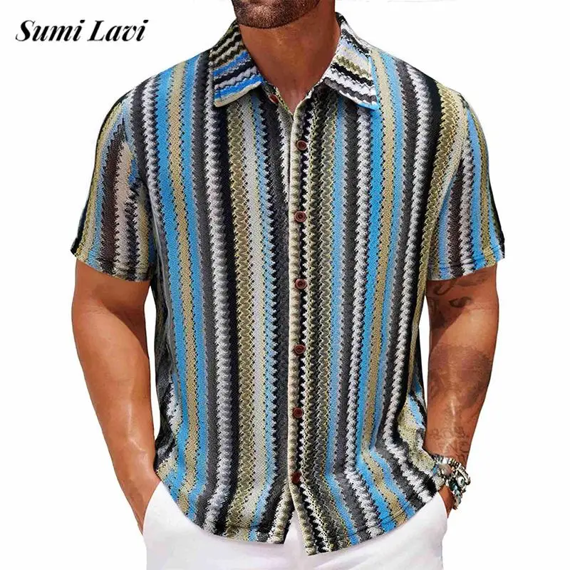 Fashion Striped Crochet Knit Cardigan Tops Men Spring Summer Daily Casual Button Lapel Shirts Mens Clothes Leisure Beach Shirt