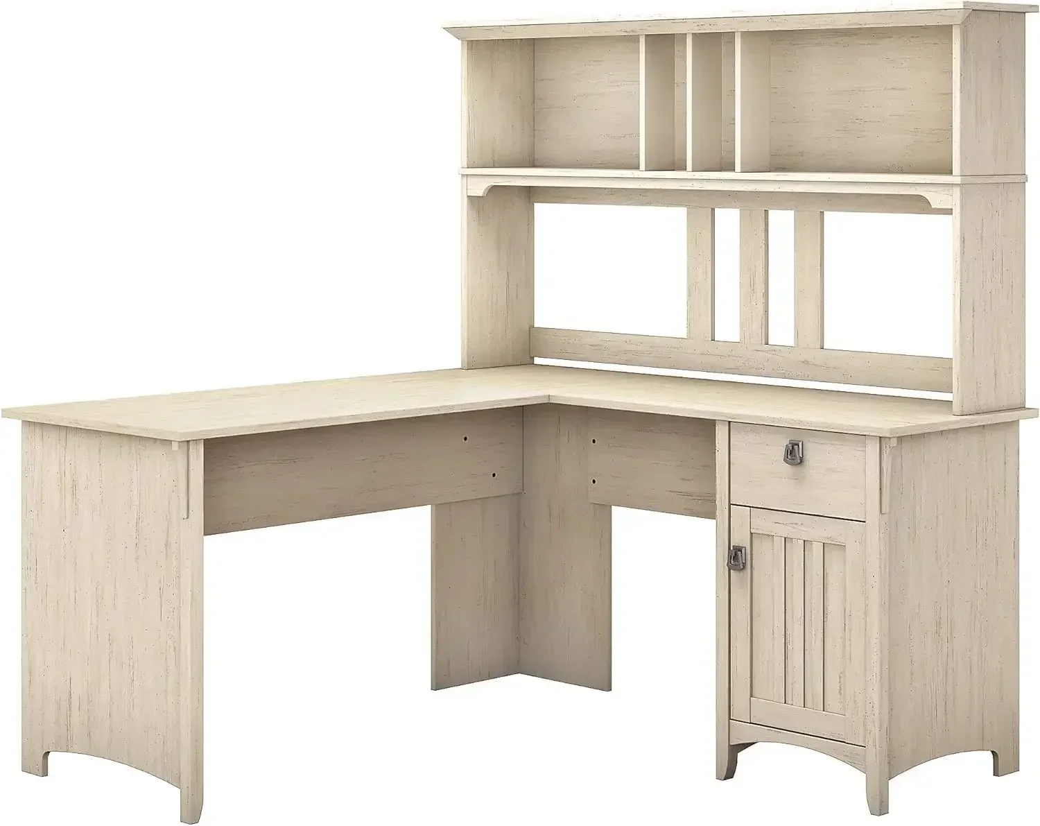 

Salinas L Shaped Desk with Hutch in Antique White | Corner Table with Drawers and Storage for Home Office