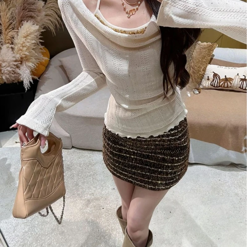 

Swinging Collar Fake Two-piece Rhinestone Knitted Sweater for Women's Autumn and Winter Slim Fit Waist Slimming Top