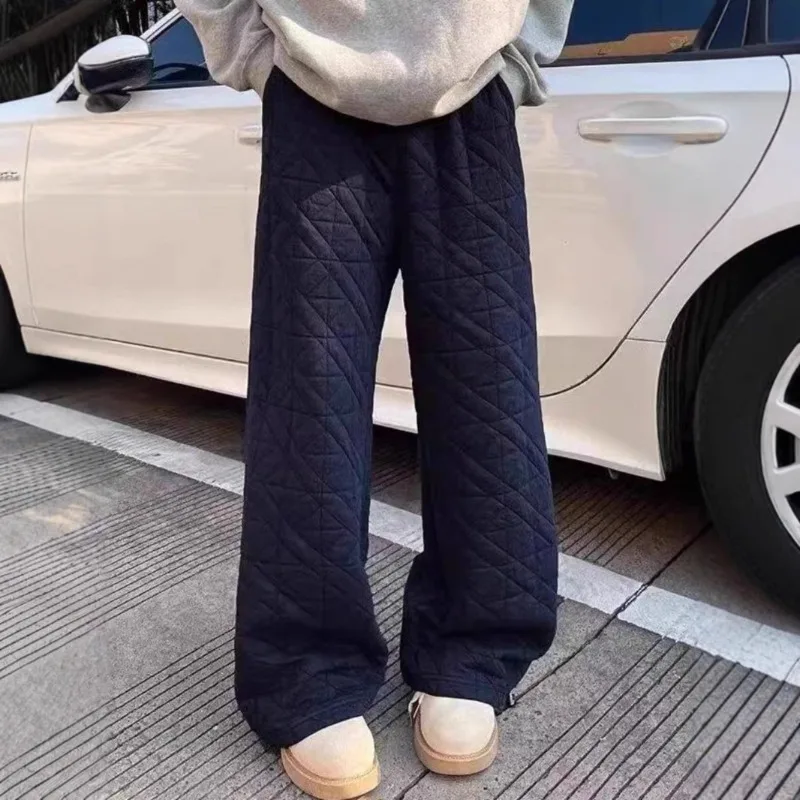 와이드 레그 코튼 퀼트 바지 여성 빈티지 격자 무늬 경량 방풍 오버 사이즈 바지 두꺼운 느슨한 Drawstring 스웨트 팬츠