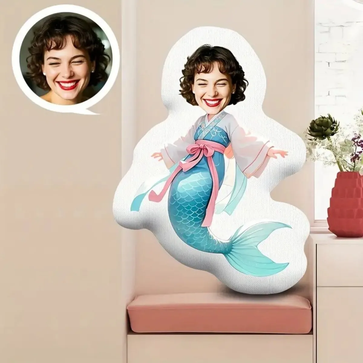 وسادة قطيفة منزلية مخصصة للصور - هدية مخصصة على شكل وجه حورية البحر مع صورتك، هدية تذكارية #5