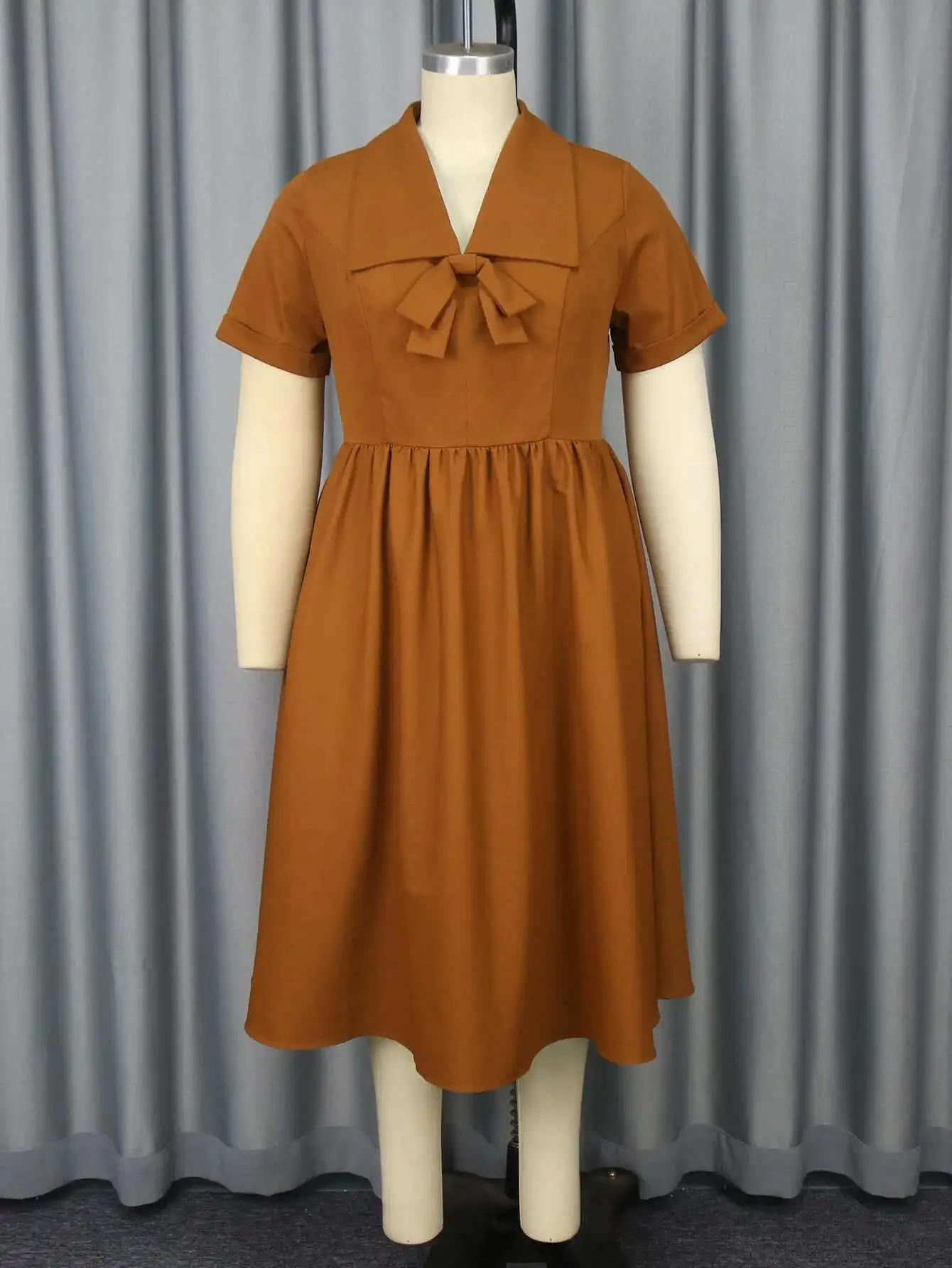 

Am 050304 Plus Size Dress with Turn-down Collar, Tie Strap, Bow Decoration, A-line Dress Summer Dress Robe Vestido Women Party 1