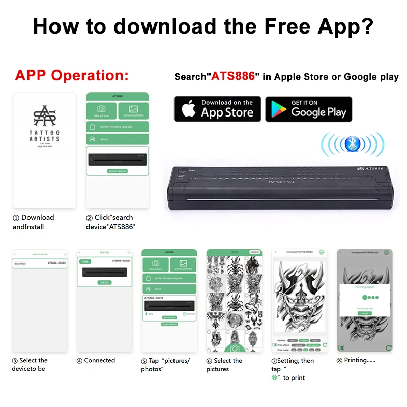 Portable Tattoo Thermal Printer Wireless Bluetooth Stencil Printer for Phone Laptop Compact Inkless Printer for Tattoo Artists