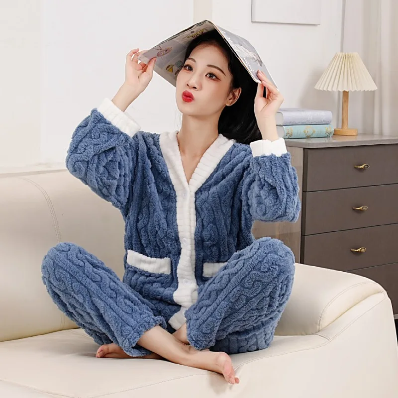 Korean Style Cardigan Two Piece Lounge Set Winter Thick Coral Fleece Pajamas with Pockets Loose Outwear Homewear for Women
