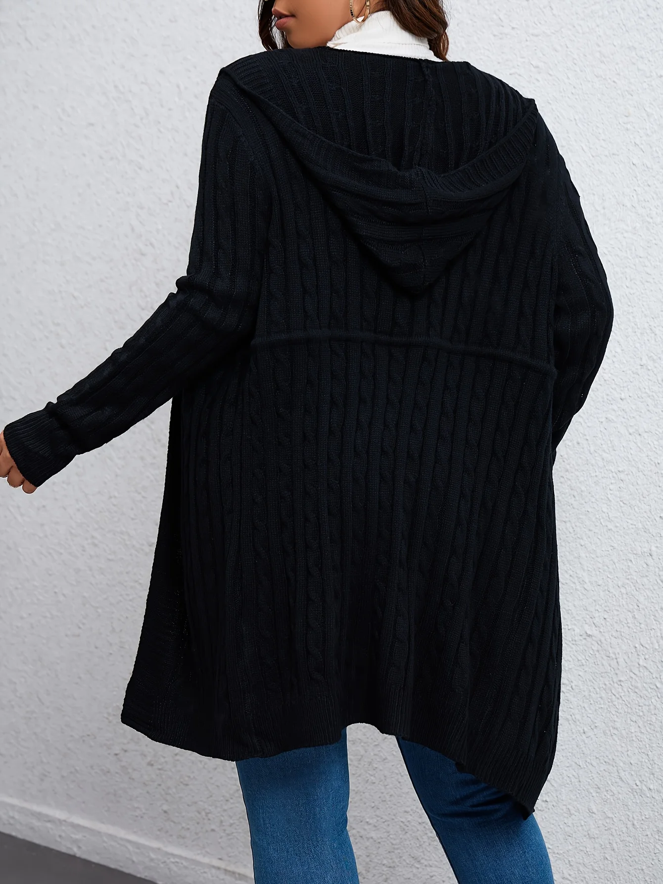 Plus Size Women Solid Color Drawstring Knit Hooded Cardigan