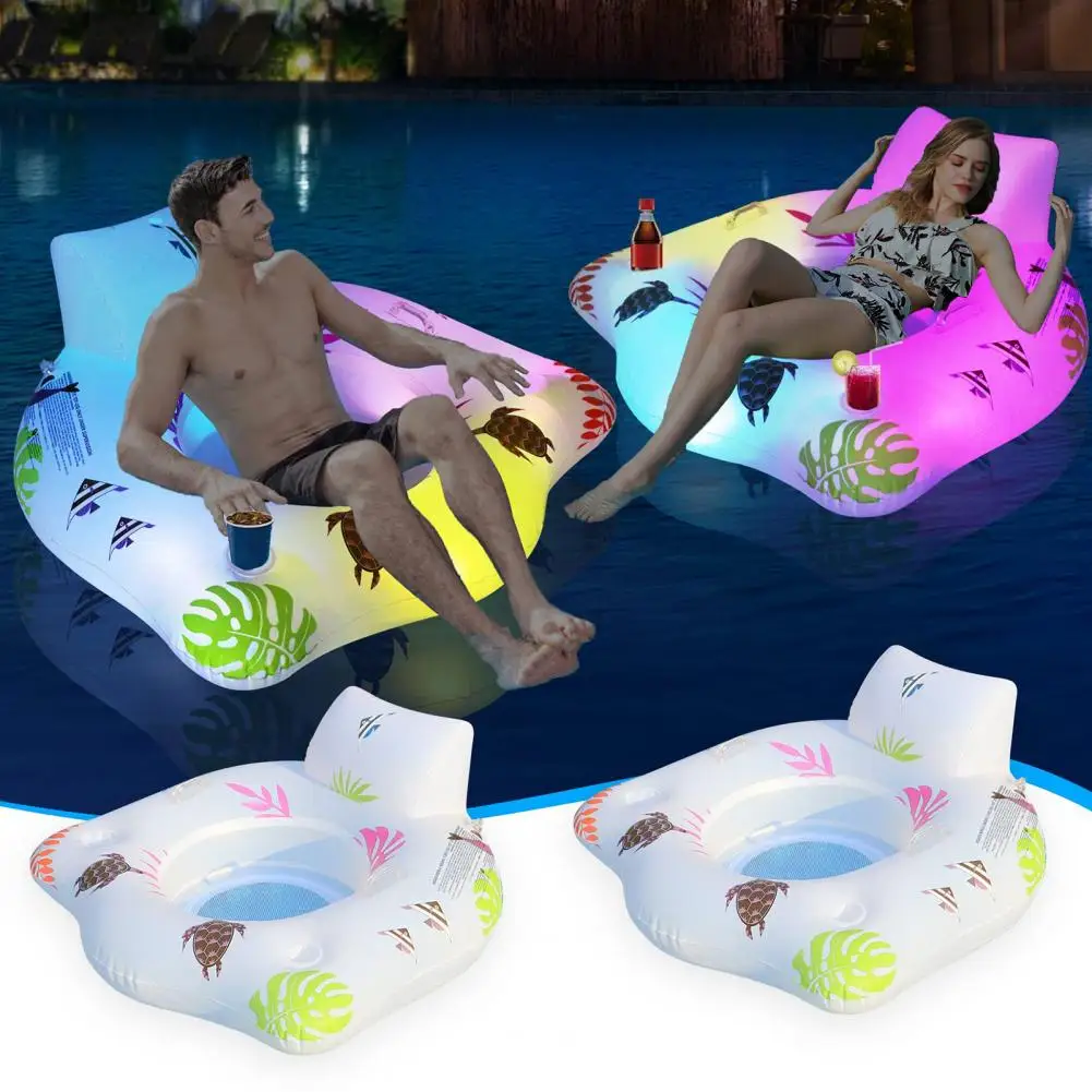 

Inflatable Pool Air Mattress with Head Rest Swimming Chair with Colour Changing Light Double Cup Holder Printed Water Sofa