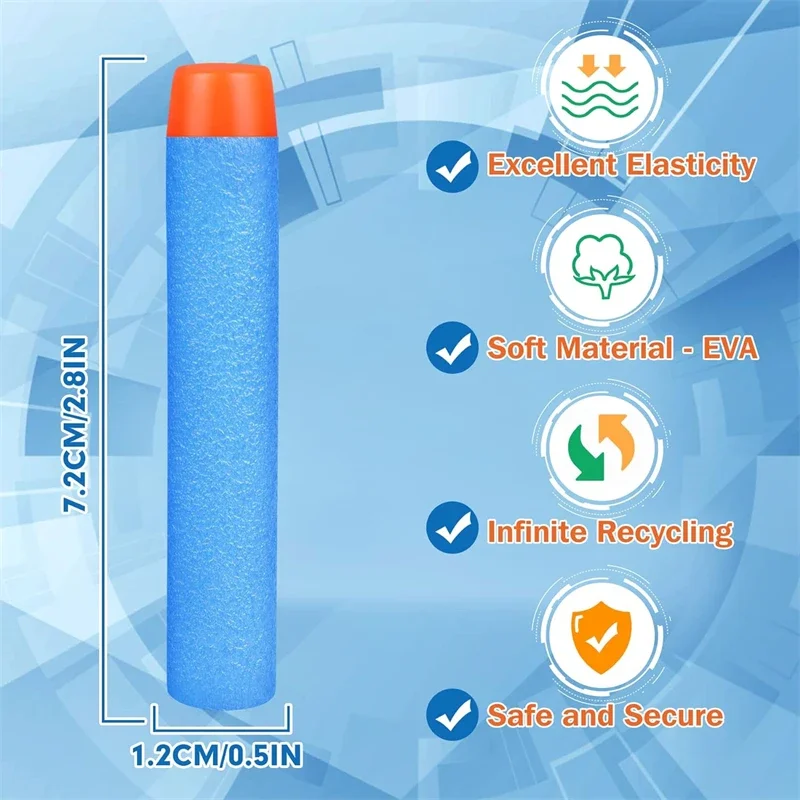 100pcs Sky Blue Solid Round Head Bullets 7.2cm For Nerf Series Blasters Refill Darts Kids Toy Gun Accessories