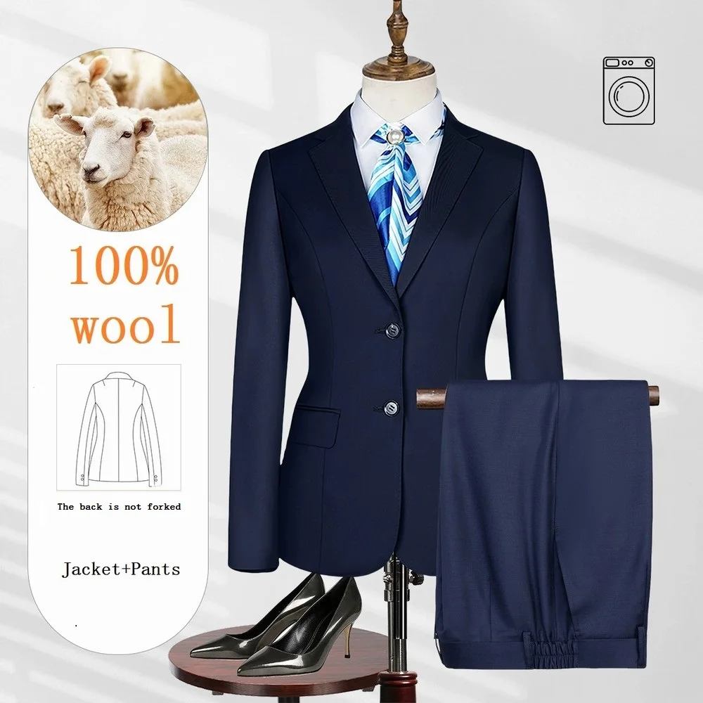 

High Quality 100% Wool Navy Blue Women Suit Business Formal Occasion Wedding Party Lady Mother 2 Piece Set Blazer Pant