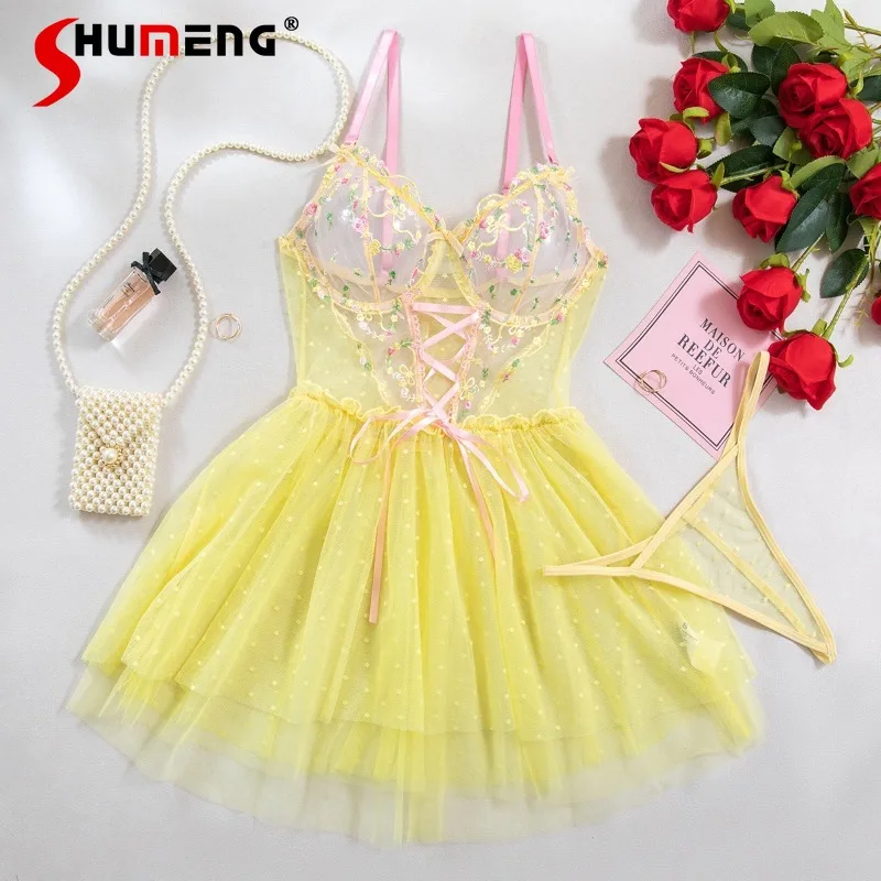 

Sexy Embroidered Floral Nightgowns for Women Pure Desire Sheer Nightdress Set Female Summer Yellow Color Underwear Dress