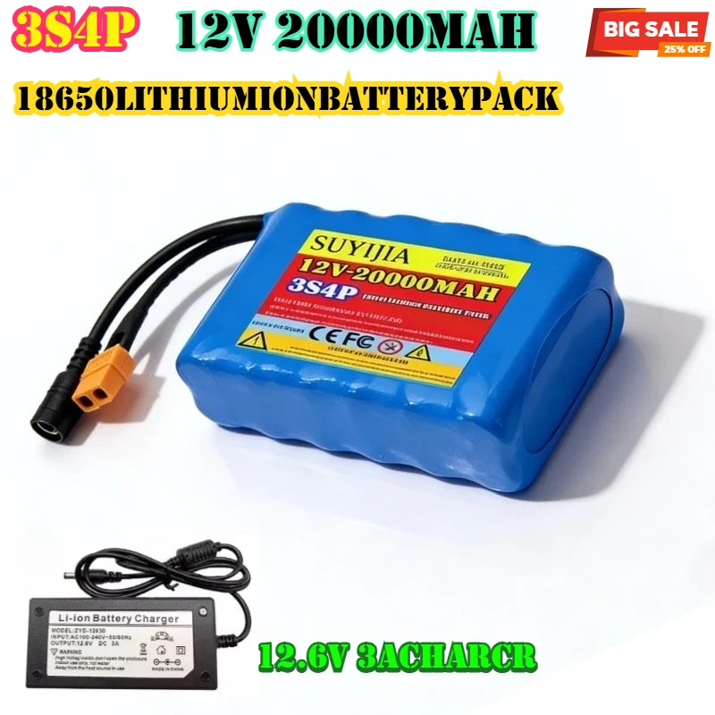 

3S4P 12V 40A BMS Orline Battery 18650 20000mAh Lithium Ion High Capacity Battery XT60 Dc5521 400W High Power Motorcycle Lamp