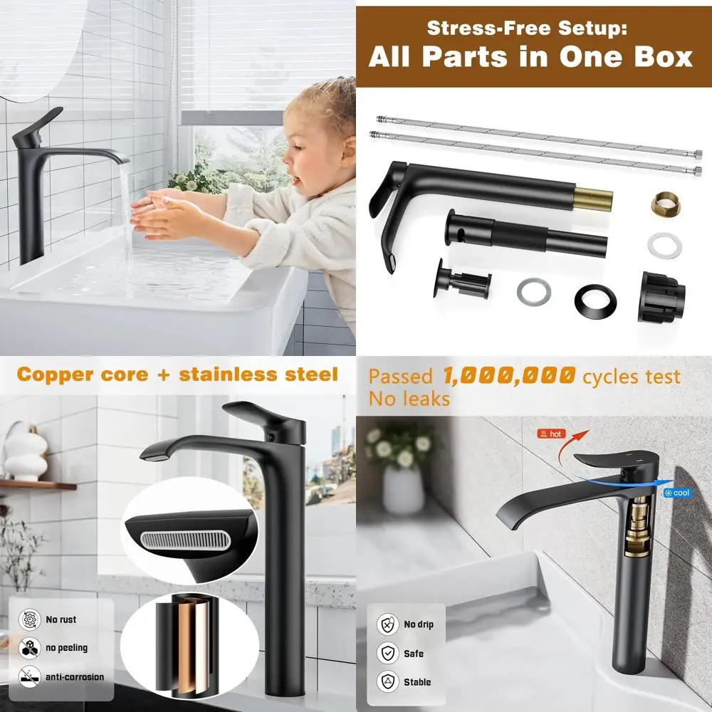 

Modern Matte Black Deck-Mounted Single Handle Tall Vessel Sink Faucet with Pop-Up Drain and Hot/Cold Hoses