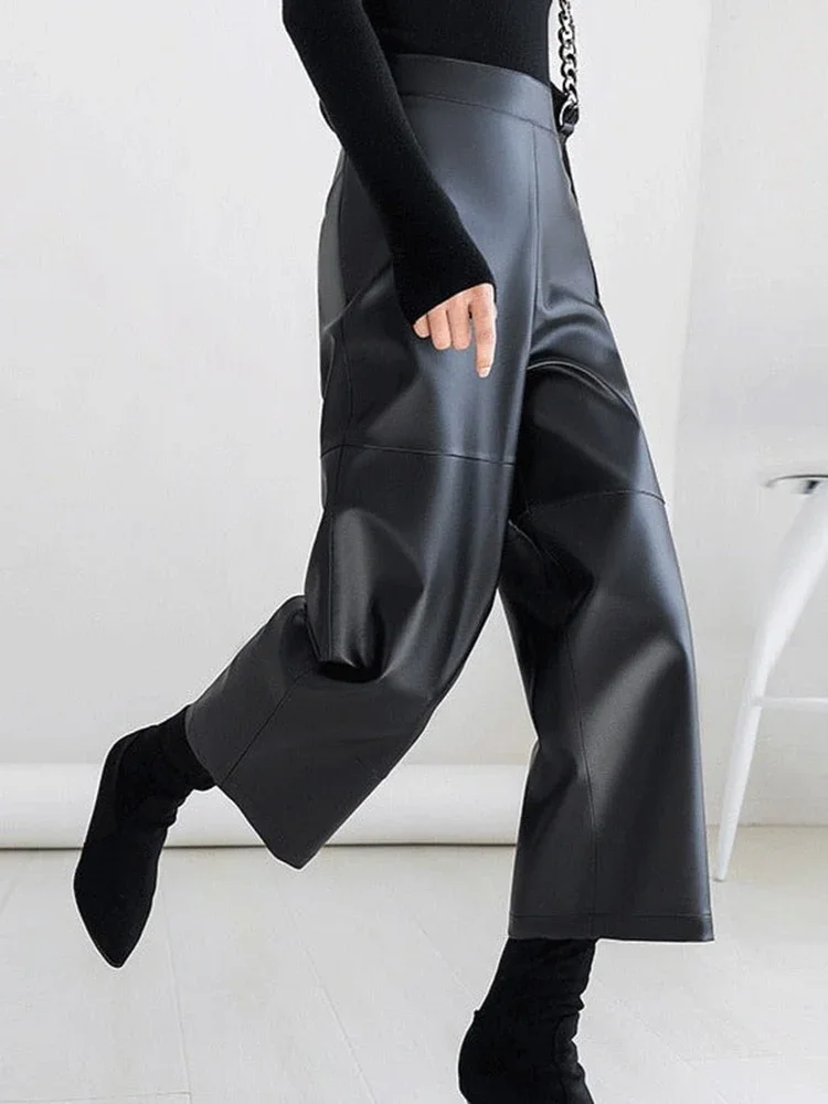 Women Splicing Faux Leather Calf-Length-Pants Lady High Waist Stretch PU Straight Trousers Chic Y2K Casual Street Costume Custom