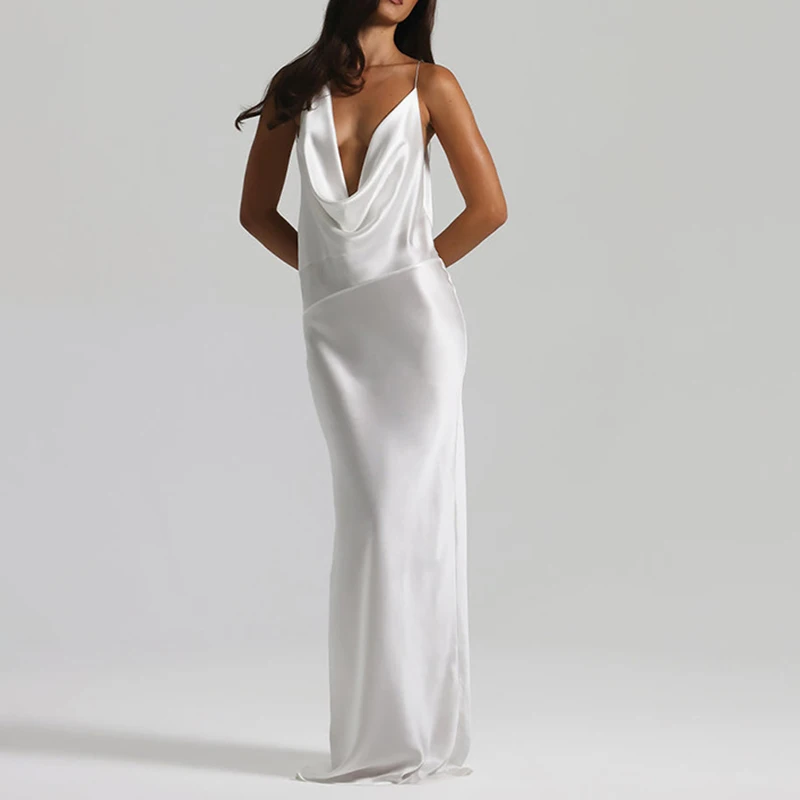 Mulheres com decote em v cetim vestido de dama de honra elegante sem mangas estilingue vestidos longos novo minimalista cor sólida sem costas magro vestido de noite